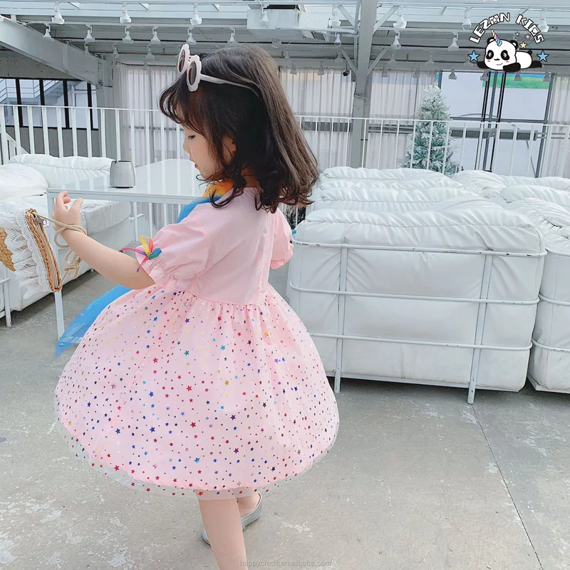 LEZONKIDS - 2023 New Summer Rainbow Clouds Rainbow Colors Stars Mesh Dress  Girl Dresses For Kids